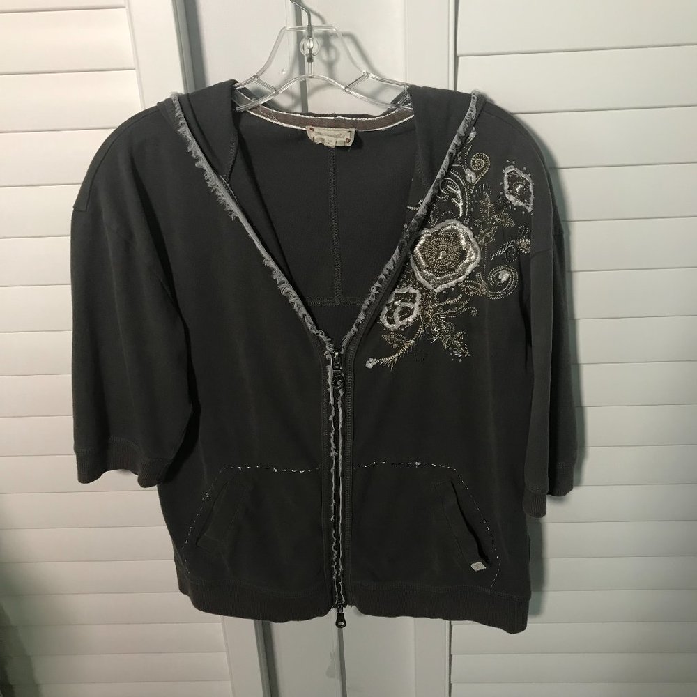 Miss Me Charcoal Gray Zip-Up Hoodie with Metallic Embroidery